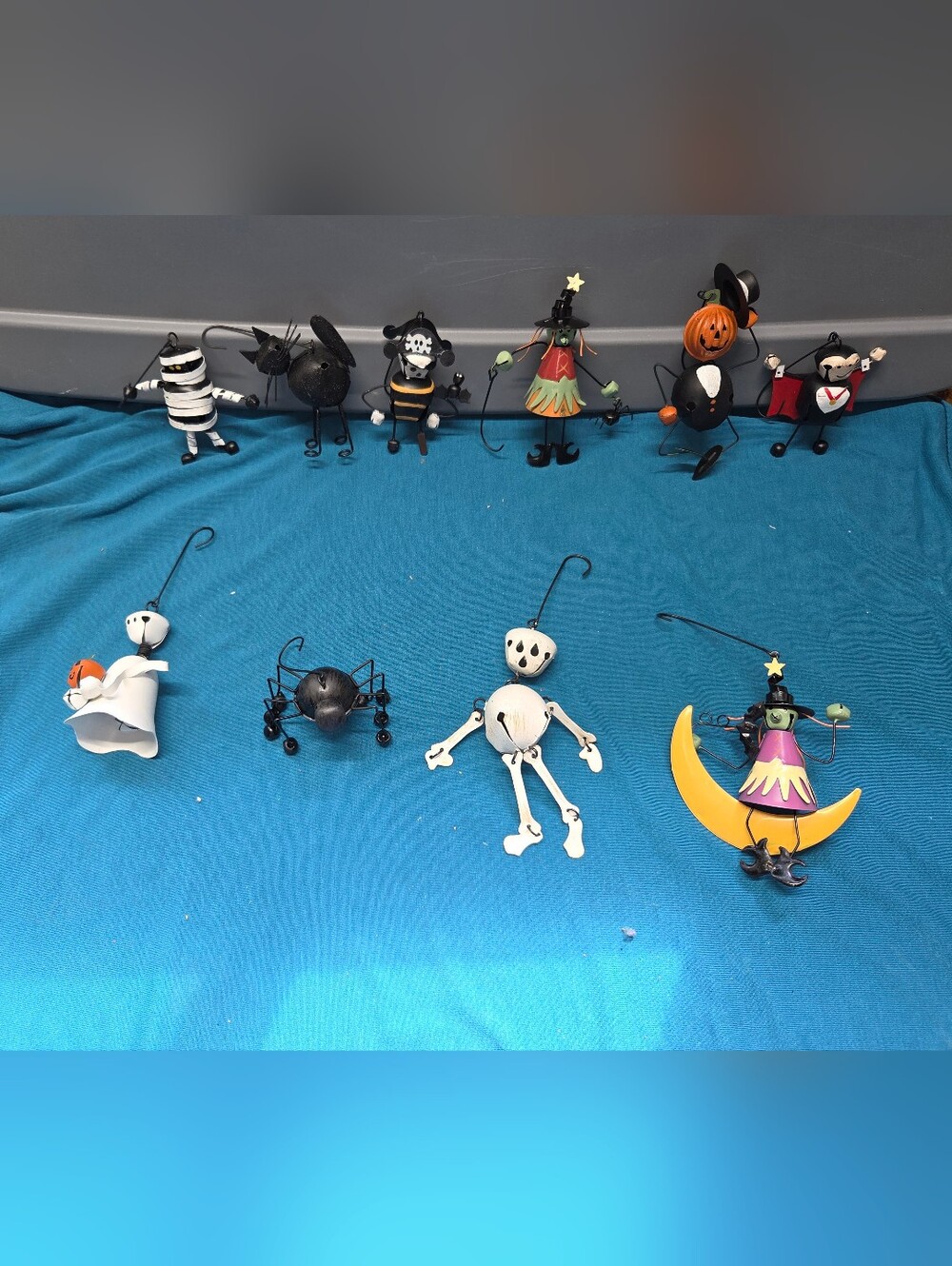 Vintage Halloween Metal Bell Ornament Chime Lot Skeleton Cat Bat Spider Pumpkin